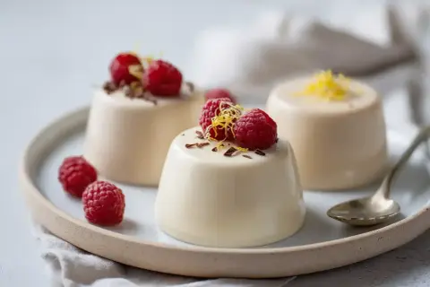 Tre krämiga pannacottor med hallon och citronskal. Ett enkelt pannacotta recept för en elegant dessert.
