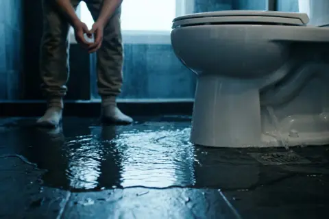 Ein Mann steht im überfluteten Badezimmer. Wasser quillt aus dem Sockel der Toilette, ein Zeichen für einen verstopften Abflussrohr in der Wand.