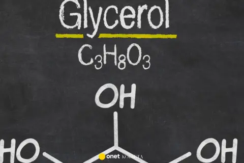 Struktura chemiczna glicerolu: C₃H₈O₃ z trzema grupami hydroksylowymi (OH).