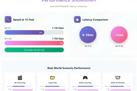 Comparaison des performances Wi-Fi 6 et Wi-Fi 6E : le Wi-Fi 6E offre un débit max supérieur et une latence plus faible.