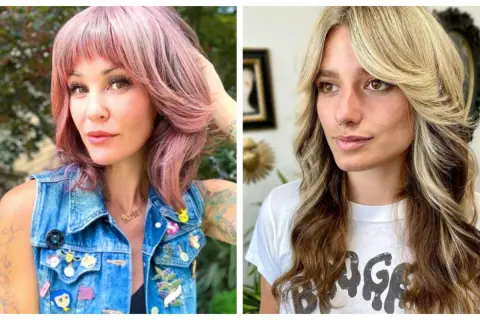 Dwie kobiety z modnymi fryzurami shag cut: jedna z różowymi włosami i grzywką, druga z blond pasemkami.