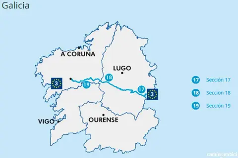 Mapa de Galicia con la ruta EuroVelo 3 atravesando A Coruña, Lugo y Ourense, con secciones 17, 18 y 19 marcadas.