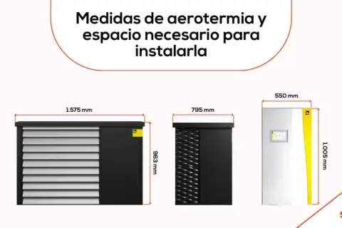 Medidas de aerotermia: tres unidades con sus dimensiones en mm. La unidad más ancha mide 1.575 mm de largo y 963 mm de alto.