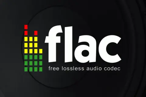FLAC vs MP3: logo FLAC z wizualizacją dźwięku na tle głośnika. Wybierz jakość bez strat.