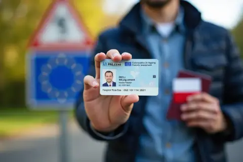 Mężczyzna pokazuje dowód osobisty, trzymając paszport. Czy do Francji trzeba paszport? W UE często wystarczy dowód.