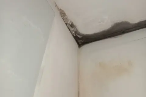 Angolo di una stanza con muffa e macchie d'acqua sul soffitto e sulla parete, un problema comune quando si cerca di come isolare una parete interna esposta a nord.