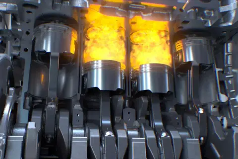 Vue en coupe d'un moteur thermique, montrant les pistons en action avec des flammes vives. Le mécanisme complexe du vilebrequin et des bielles est visible.