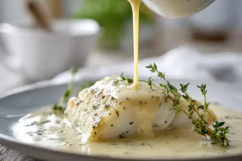 En bit vit fisk serveras med en krämig vitvinssås till fisk, garnerad med färsk timjan.