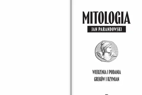 Okładka książki "Mitologia" Jana Parandowskiego z wizerunkiem skrzydlatej głowy.