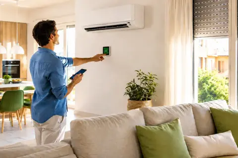Uomo controlla termostato smart e smartphone, scoprendo nuovi modi per risparmiare energia in casa.
