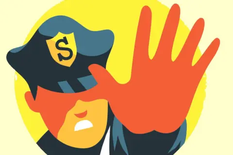En polis med en sköld med ett S på hatten stoppar dig med en hand. Vänta till dess eller tills dess.