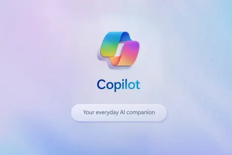 Kolorowe logo Copilot, które przypomina połączenie z chat gpt bing. Pod spodem napis "Your everyday AI companion".