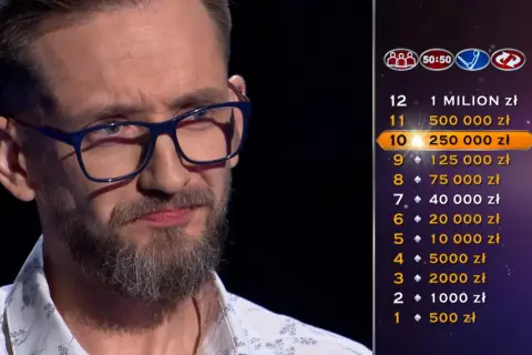 Mężczyzna w okularach na tle drabinki z nagrodami. Wyobraź sobie najgorsze historie osób, które zgubiły zwycięski kupon wart miliony euro.