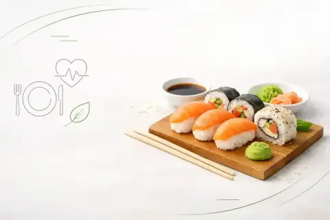 Zestaw sushi na desce, sos sojowy, wasabi. Czy sushi jest kaloryczne? Zależy od składników, ale często jest to zdrowa opcja.