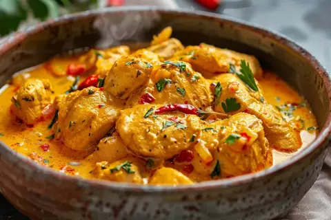 En krämig kycklingcurry med bitar av chili och färsk persilja. En härlig rätt som visar vad som kan innehålla curry.