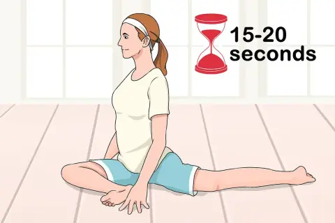 A woman performs a windshield wiper stretch, holding the pose for 15-20 seconds.