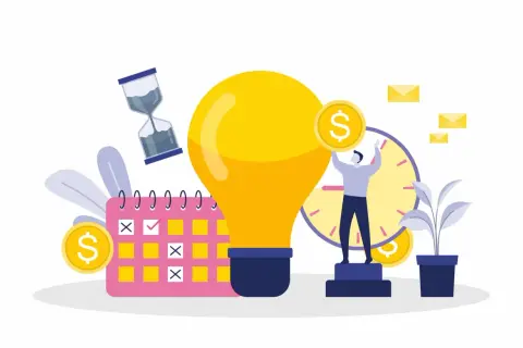 Calendario con segnate le giornate lavorative e un'idea luminosa. Un promemoria per il preavviso turni di lavoro, con clessidra e monete.