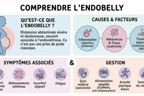 Infographie expliquant l'endobelly, ses causes (inflammation, adhérences, troubles digestifs) et symptômes (douleur, ballonnements, fatigue). Un témoignage endométriose digestive est illustré.