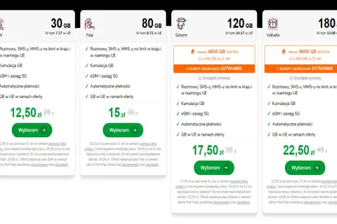 Porównaj oferty: Zefir (30GB), Fala (80GB), Sztorm (120GB), Valhalla (180GB). Sprawdź viking mobile oferta z kumulacją GB i roamingiem UE.