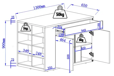 Schéma technique d'un îlot central de cuisine. Dimensions : 1300x650x900mm. Charge max 50kg.