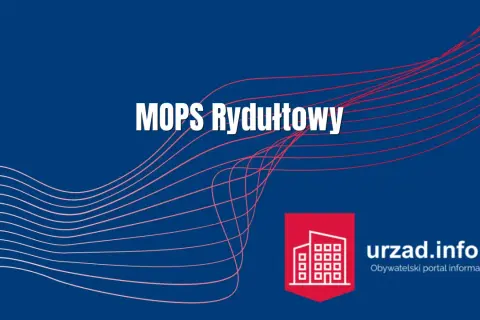 MOPS Rydułtowy – miejski ośrodek pomocy społecznej. Logo urzędu i adres strony urzad.info.pl.