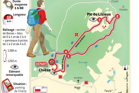 Carte d'une randonnée de 3,5 km vers le Pic du Lizieux, départ de Chièze. Durée moyenne 1h. Balisage sentier de Bonas et bleu.