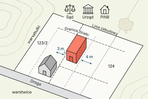 Mapa pokazuje działkę z budynkami i odległościami. W przypadku naruszenia granicy działki, można zgłosić sprawę do Sądu, Urzędu lub PINB.