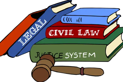 Libri di legge, martelletto da giudice e la scritta "Civil Law" per la disdetta contratto di locazione commerciale.