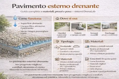 Pavimento esterno drenante: l'acqua filtra attraverso, niente ristagni. Ideale per giardini, vialetti e parcheggi. Un asfalto permeabile che migliora comfort e sicurezza.