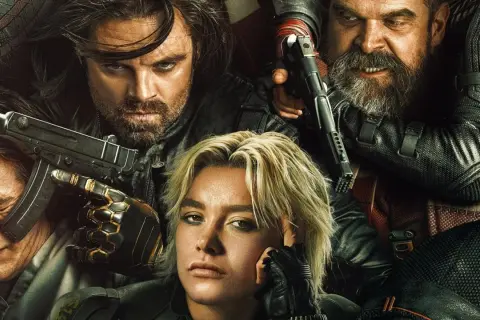 Die Besetzung von Thunderbolts* versammelt sich: Bucky Barnes, Yelena Belova, Red Guardian und S.H.I.E.L.D.-Agenten mit Waffen.