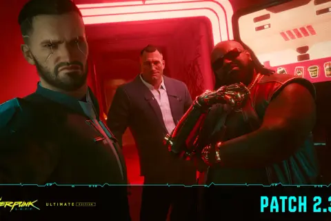 Trzech mężczyzn w neonowym korytarzu. Zbliża się aktualizacja Cyberpunk 2077 Patch 2.31.