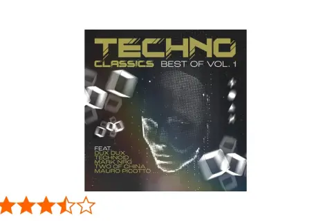 Copertina di "Techno Classics Best of Vol. 1", con un volto stilizzato e cubi fluttuanti. Un must per gli amanti della musica techno famosa.