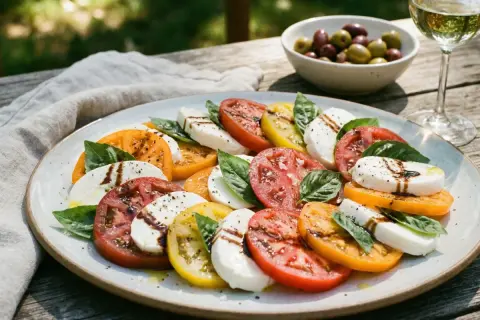 En vacker caprese-sallad med skivade tomater i olika färger, mozzarella och basilika, perfekt för ett sommarrecept.