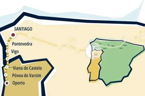 Mapa ilustra el camino de Santiago Portugal, con ciudades como Oporto, Viana do Castelo, Vigo, Pontevedra y Santiago.