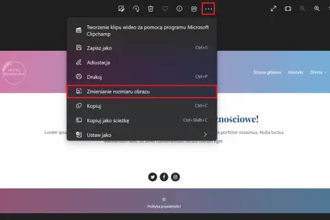 Menu kontekstowe z opcją "Zmienianie rozmiaru obrazu", przydatne, gdy chcesz dostosować wymiary pliku.