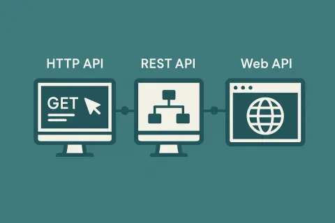 Illustration montrant la progression de HTTP API à REST API, puis à Web API, symbolisant l'évolution des services web.