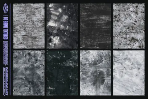 Eight grunge art style textures, featuring distressed, stained, and gritty surfaces in shades of black and white.