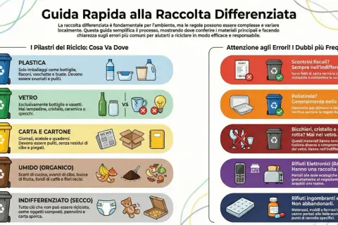 Guida rapida alla raccolta differenziata: plastica, vetro, carta, organico e indifferenziato. Impara dove gettare ogni rifiuto per una corretta ricerca.