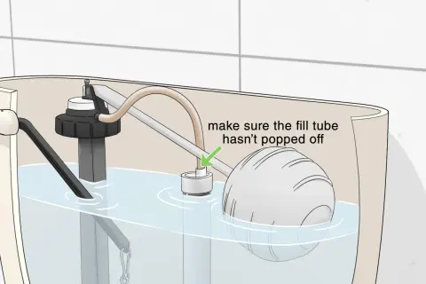 Illustration showing the inside of a toilet tank. A fill tube is shown with a green arrow pointing to it, with text that reads "make sure the fill tube hasn't popped off." This is a step in how to fix a running toilet.