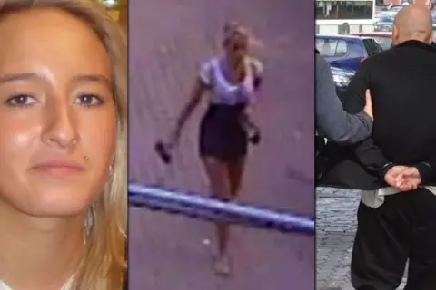 Iwona Wieczorek odnaleziona. Trzy ujęcia: twarz młodej kobiety, jej sylwetka na monitoringu, mężczyzna w kajdankach.