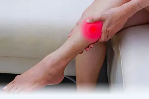 Kobieta masuje łydkę, gdzie pojawiły się bolesne skurcze w nogach. Czerwony obszar wskazuje na ból.