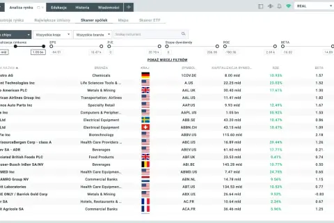 Skaner spółek pokazuje dane o kapitalizacji, P/E, ROE i Beta. Dowiedz się, biuro maklerskie co to jest i jak analizować spółki.
