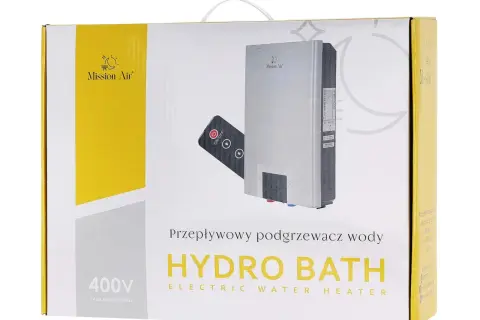 Opakowanie przepływowego podgrzewacza wody 18kW Hydro Bath marki Mission Air. W zestawie pilot zdalnego sterowania.