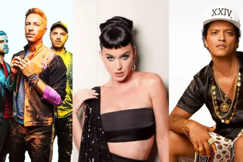 Coldplay, Katy Perry e Bruno Mars, icone delle canzoni inglesi famose moderne, in un collage vibrante.