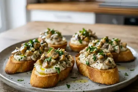 Bruschettas garnies de champignons crémeux et persil. Une idée de recette mascarpone salé rapide et délicieuse.