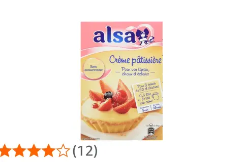 Boîte de crème pâtissière Alsa pour garnir tartes, choux et éclairs. Image d'une tartelette garnie de crème et fruits rouges.