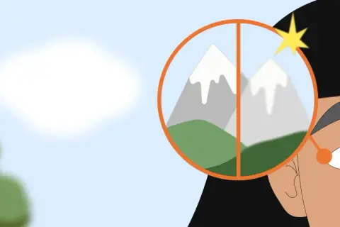 Occhi che osservano montagne, una sfocata, l'altra nitida, forse un problema al neurite ottica.