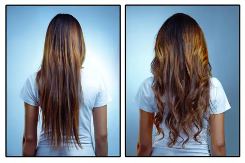 Comparativa de un método curly: cabello liso y sin vida antes, y melena voluminosa y con ondas definidas después.