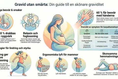 Gravid utan symtom kan vara en utmaning. Bilden visar vanliga besvär som ryggvärk och karpaltunnelsyndrom, samt strategier för lindring.