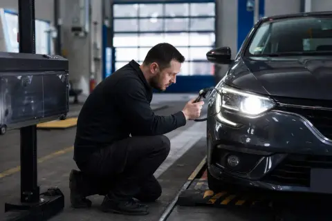 Un technicien vérifie les phares d'une voiture avec un appareil de mesure, assurant la conformité de la barre led pour le contrôle technique.